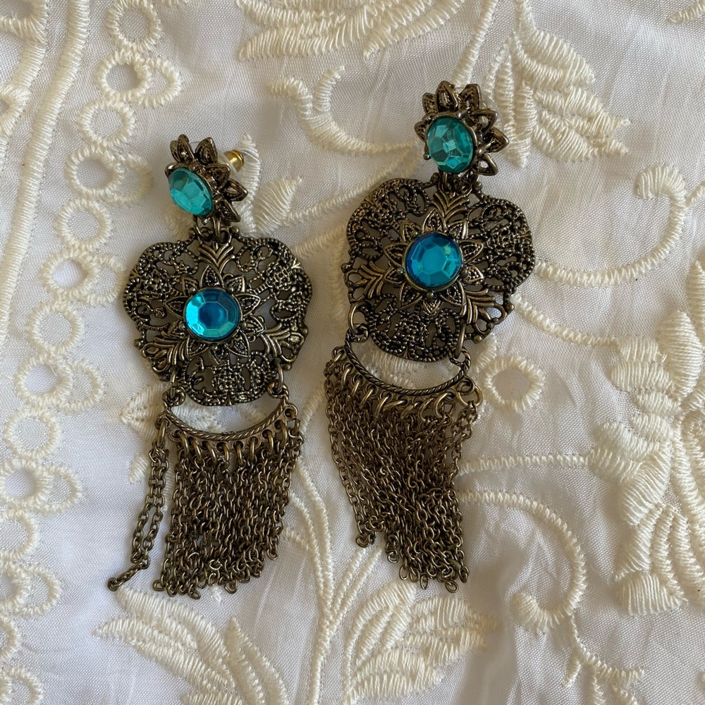 Ornate boho style fringe earrings w blue gem